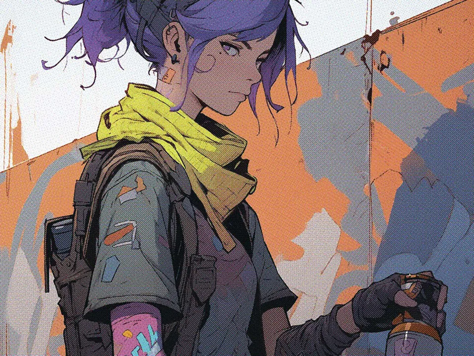 Hattie, una ragazza con capelli viola e bandana gialla, che dipinge un graffito