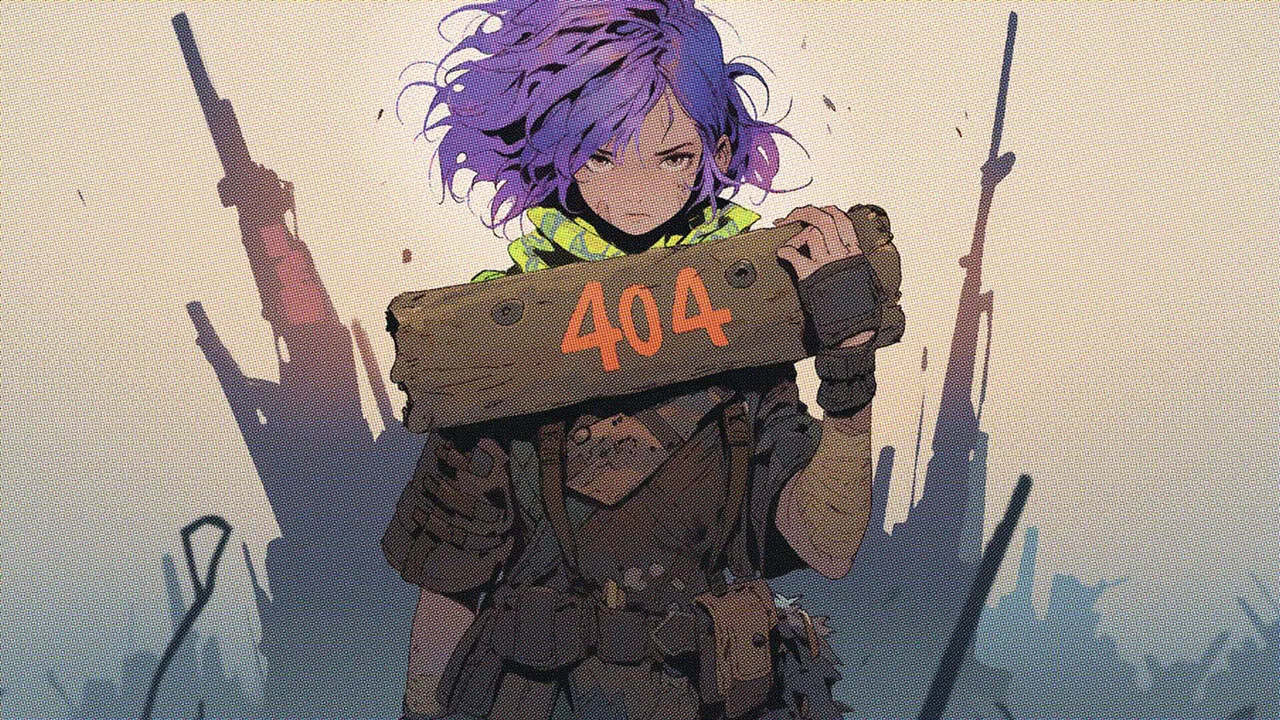 Una ragazza con capelli viola e bandana gialla che tiene in mano un cartello con scritto 404