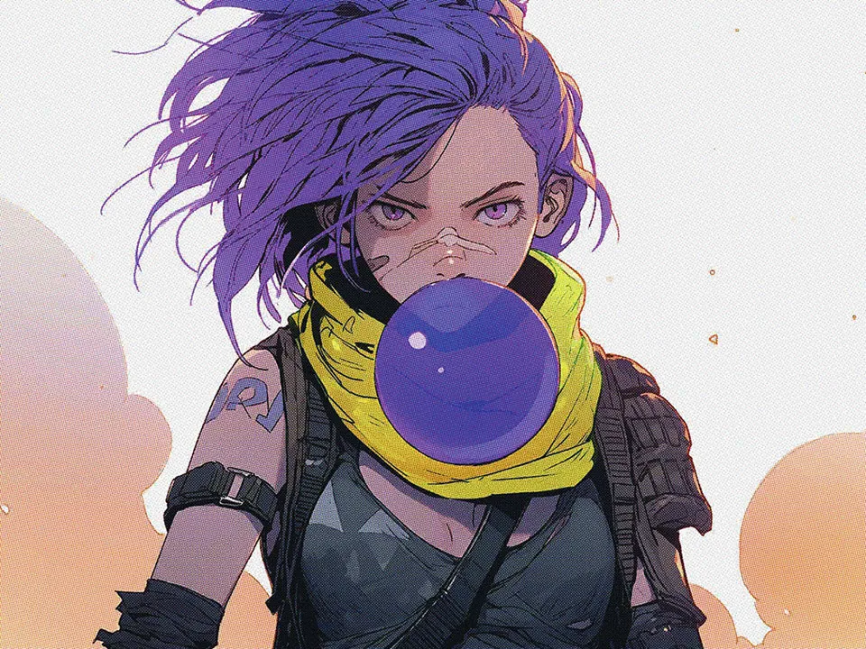 Hattie, una ragazza con i capelli viola e bandana gialla, che fa una bolla con una gomma da masticare