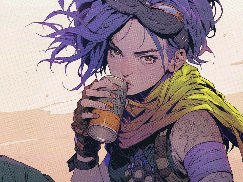 Hattie, una ragazza con capelli viola e bandana gialla, che beve una bibita