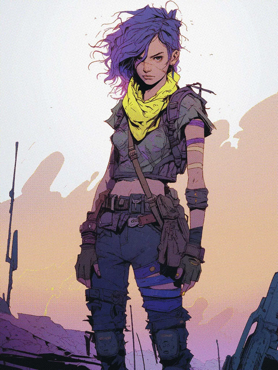 Hattie, una ragazza con capelli viola e bandana gialla, in piedi nel deserto