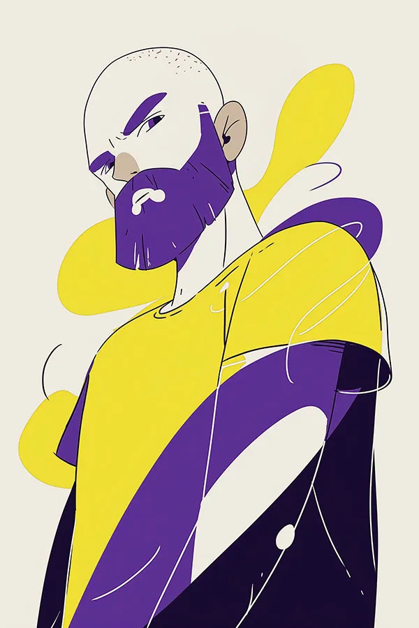 Illustrazione di un uomo pelato con la barba che indossa una t-shirt gialla